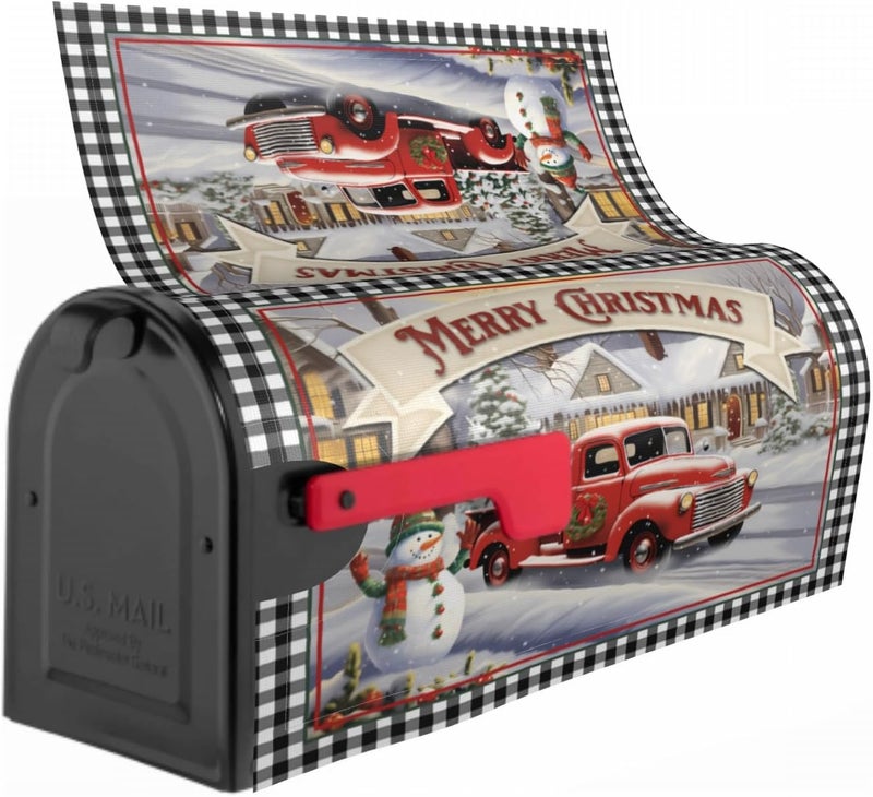 Farg Merry Christmas Magnetic Mailbox Covers Winter Snowman Red Truck Mailbox Covers Magnetic Standard Size 21x18 Inches Post Wraps for Home Garden Yard Outdoor Decor - Image 3