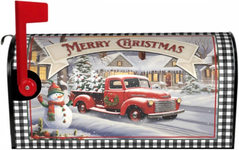 Farg Merry Christmas Magnetic Mailbox Covers Winter Snowman Red Truck Mailbox Covers Magnetic Standard Size 21x18 Inches Post Wraps for Home Garden Yard Outdoor Decor - Image 1