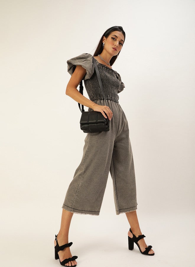 StyleStone Stylish Grey Washed Smocked Denim Jumpsuit - Image 4