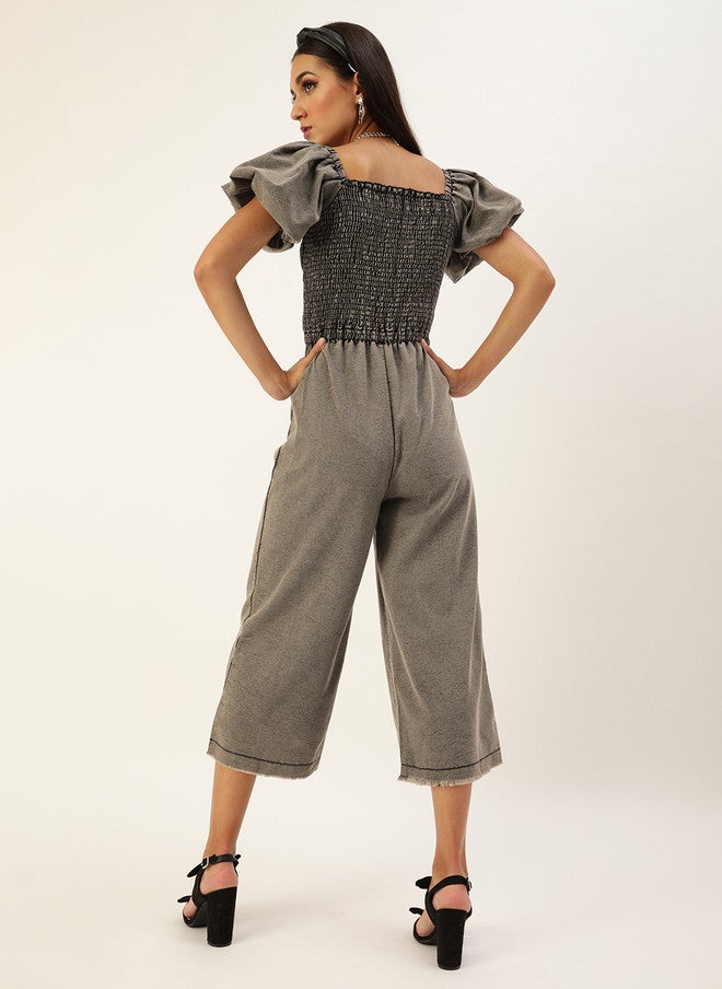 StyleStone Stylish Grey Washed Smocked Denim Jumpsuit - Image 3