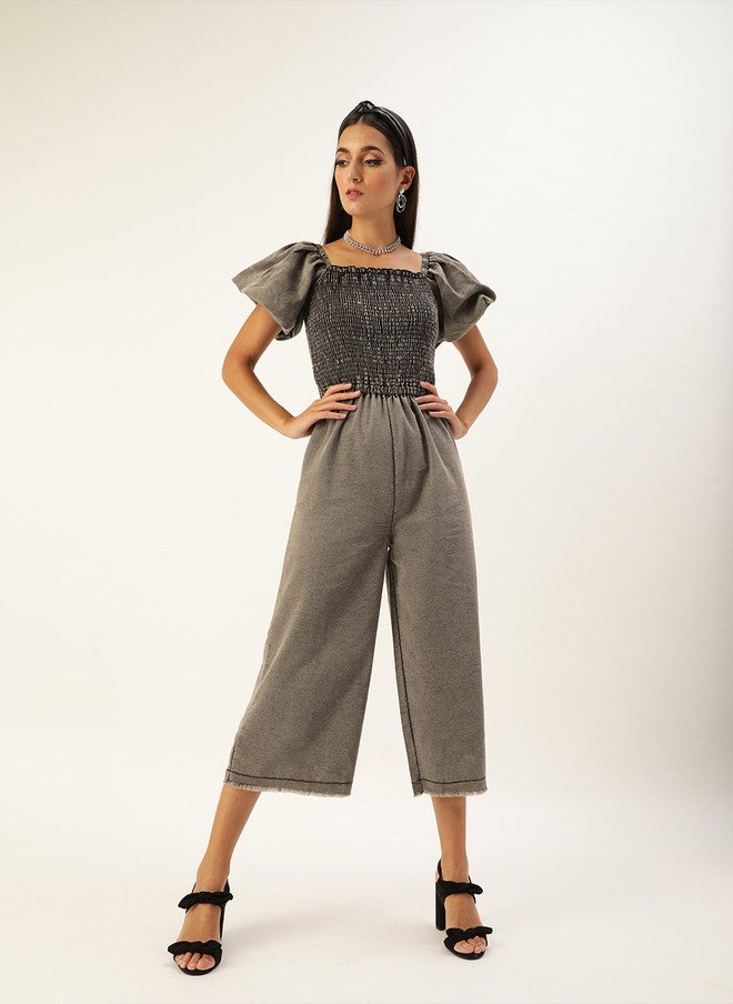 StyleStone Stylish Grey Washed Smocked Denim Jumpsuit - Image 2