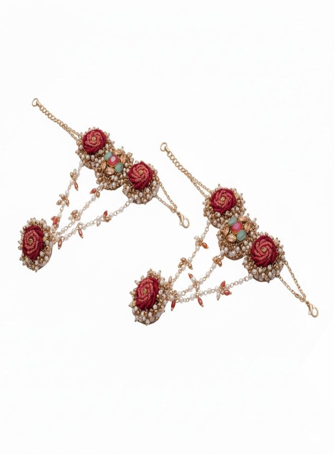 SANJOYA BY EVERSTYLISH Gulratna Jewel Of Roses Handcrafted Rose Haathphool With Beaded Fringes, Pearls And Gem Details Lightweight Jewelry For Women | Party, Festive, Wedding & Gifting - Image 1