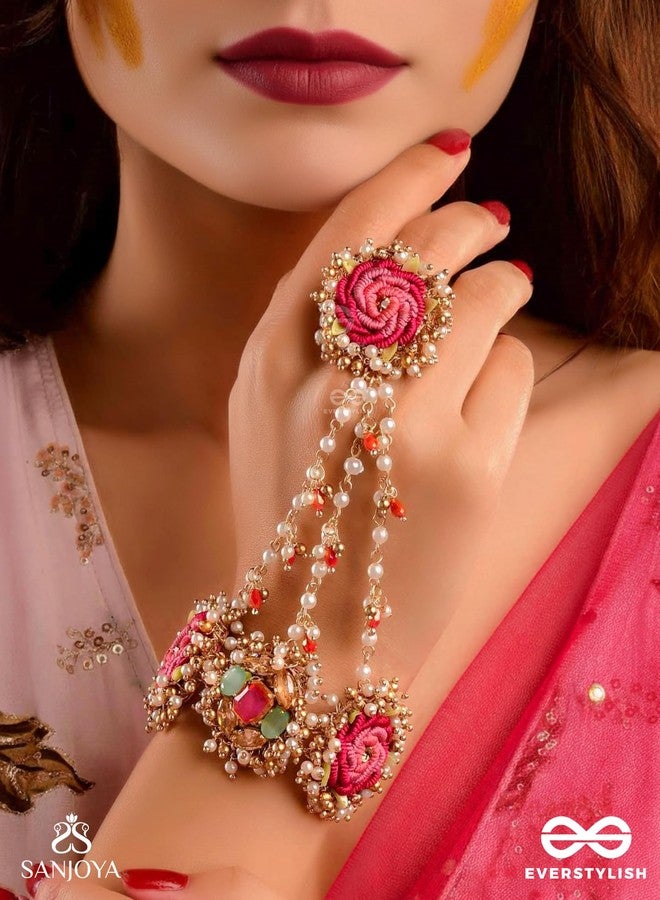 SANJOYA BY EVERSTYLISH Gulratna Jewel Of Roses Handcrafted Rose Haathphool With Beaded Fringes, Pearls And Gem Details Lightweight Jewelry For Women | Party, Festive, Wedding & Gifting - Image 2