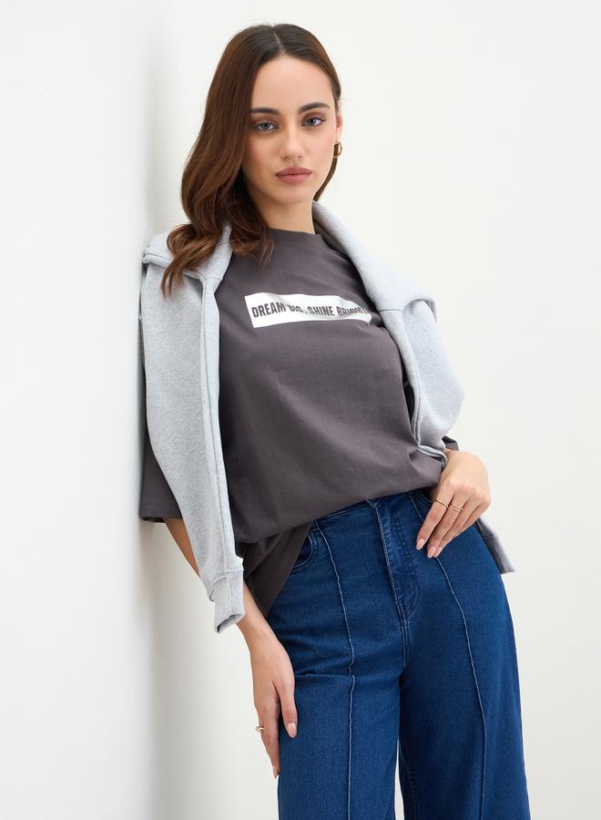 Styli Charcoal Slogan Print Oversized T-Shirt - Image 1