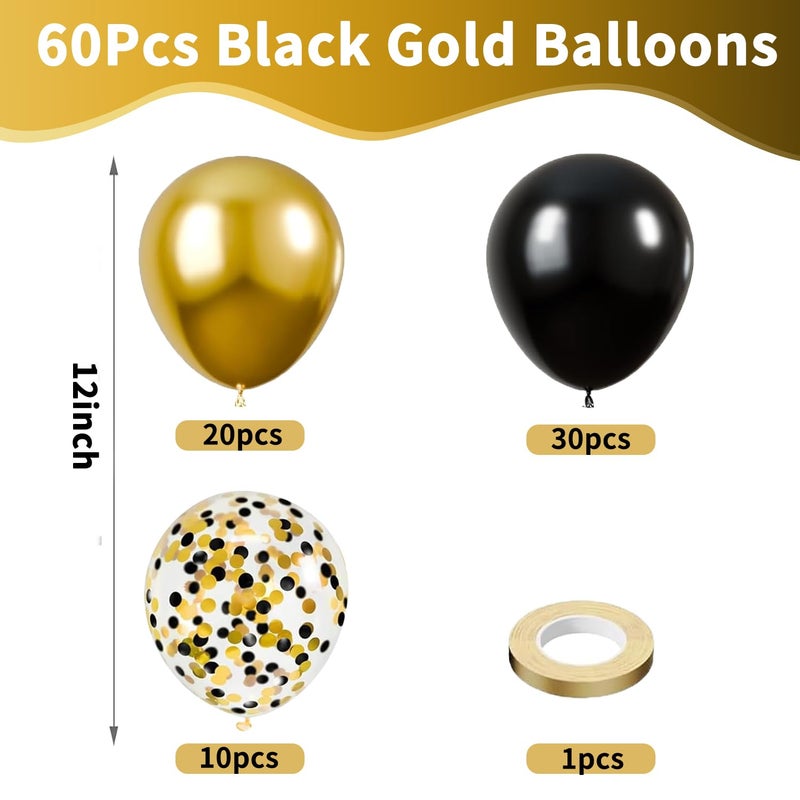 PUFFLD Black and Gold Balloons, 60PCS 12 Inch Metallic Gold and Black Confetti Balloons Black Latex Balloons and Gold Latex Balloons for Birthday Graduation Anniversary Wedding Party Decorations - Image 4