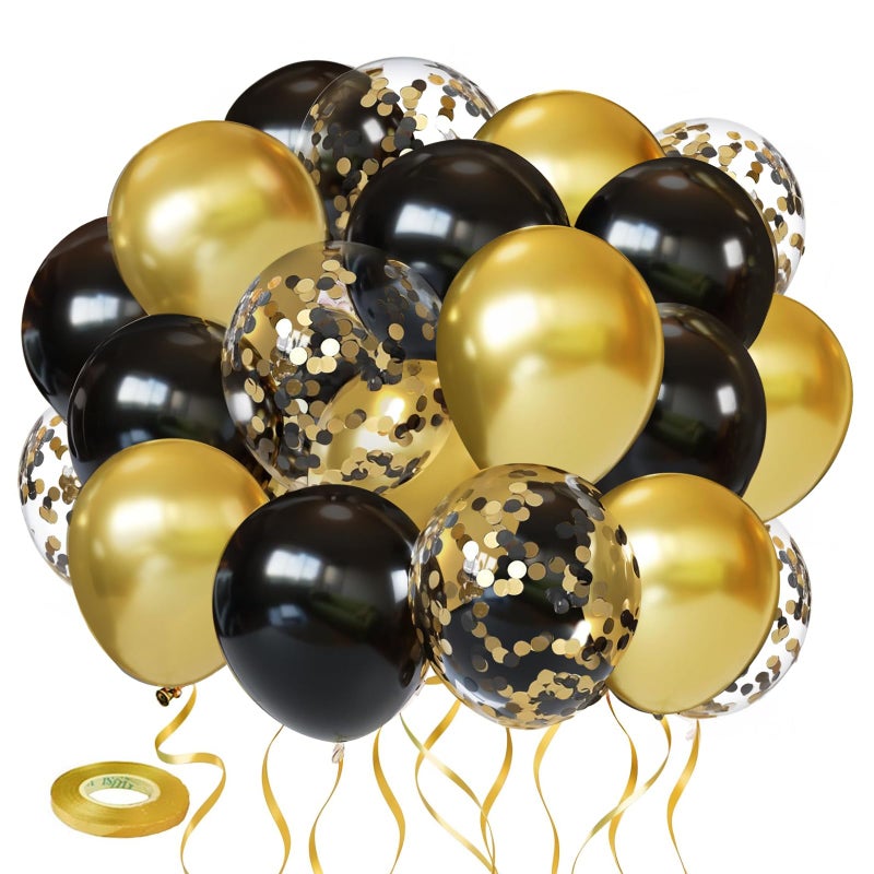 PUFFLD Black and Gold Balloons, 60PCS 12 Inch Metallic Gold and Black Confetti Balloons Black Latex Balloons and Gold Latex Balloons for Birthday Graduation Anniversary Wedding Party Decorations - Image 1