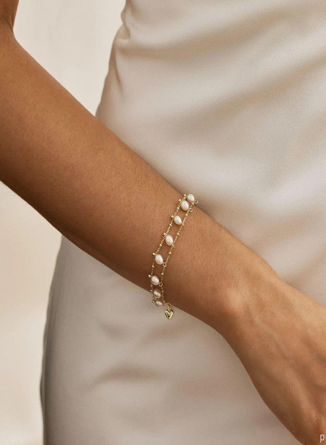 VLINRAS Pearl Bracelet Gold Double Layers Natural Freshwater Pearl Beaded Bracelet Bridesmaid Gift Wedding Jewelry - Image 2