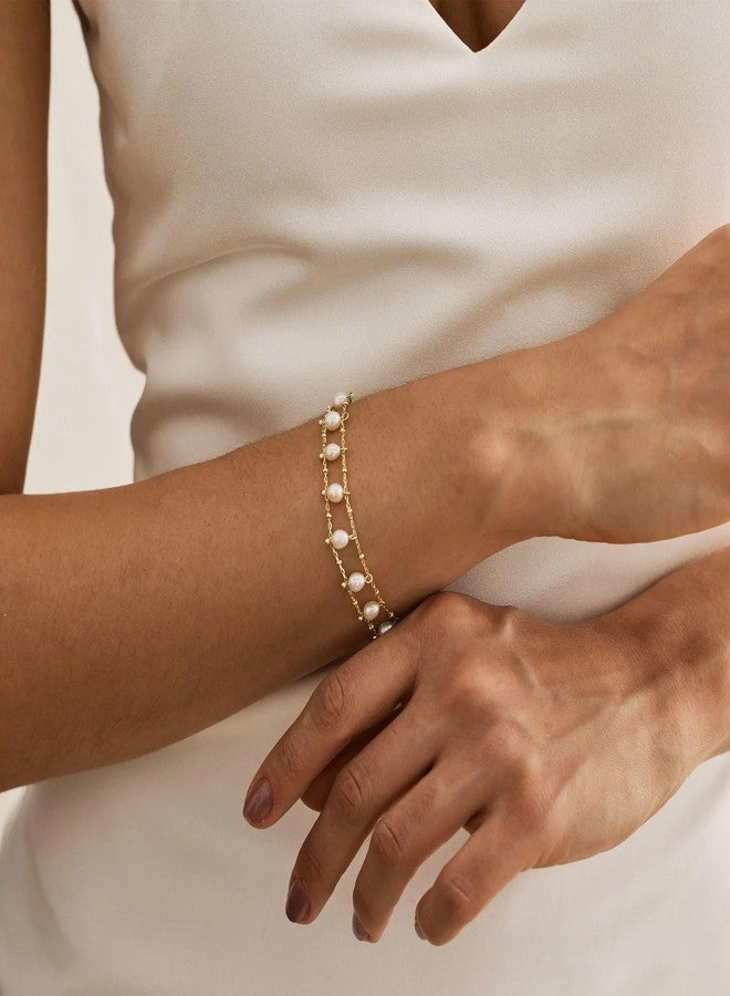 VLINRAS Pearl Bracelet Gold Double Layers Natural Freshwater Pearl Beaded Bracelet Bridesmaid Gift Wedding Jewelry - Image 5