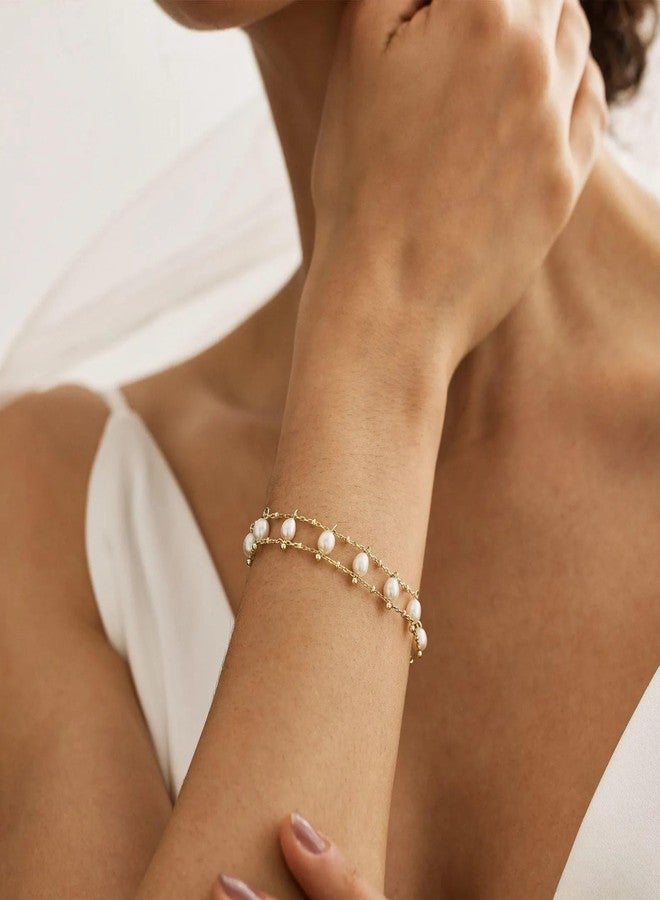 VLINRAS Pearl Bracelet Gold Double Layers Natural Freshwater Pearl Beaded Bracelet Bridesmaid Gift Wedding Jewelry - Image 4