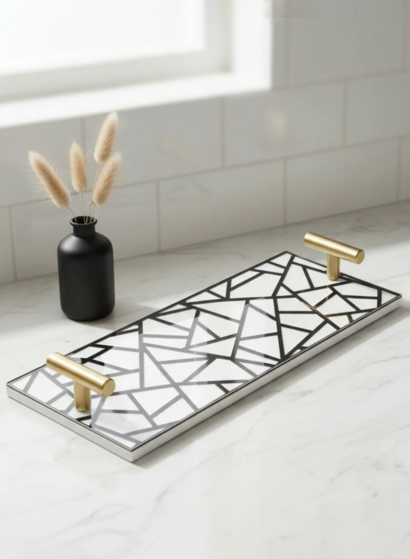 LOWHA Acrylic Serving Tray with Gold Metal Handles and Decorative Design