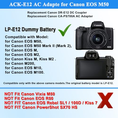 TKDY LP-E12 Eos M50 Dummy Battery and ACK-E12 AC Adapter, Continuous Power Supply for Canon EOS M200, M50, M50 Mark II, M100, M6, M10, M2, Kiss M/M2 Cameras - Image 2