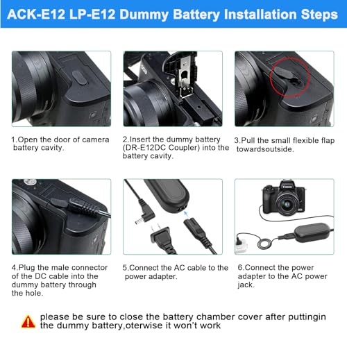 TKDY LP-E12 Eos M50 Dummy Battery and ACK-E12 AC Adapter, Continuous Power Supply for Canon EOS M200, M50, M50 Mark II, M100, M6, M10, M2, Kiss M/M2 Cameras - Image 3