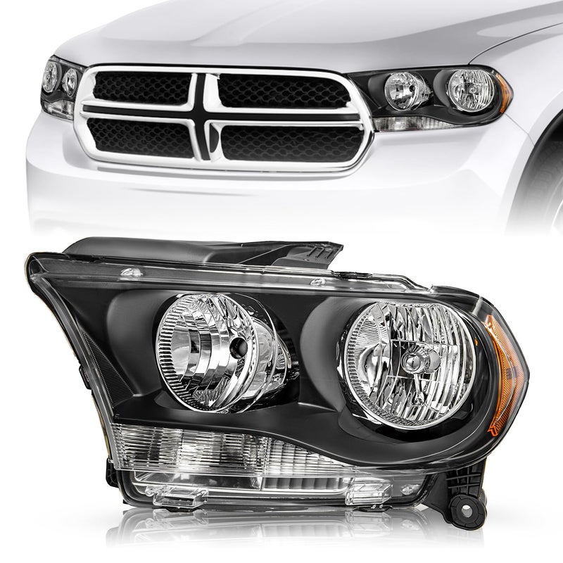 TUSDAR Halogen Not HID Type Headlight Assembly wo HID Compatible with 2011 2012 2013 Dodge Durango Headlamp Black Housing with Amber Reflector Left Driver Side