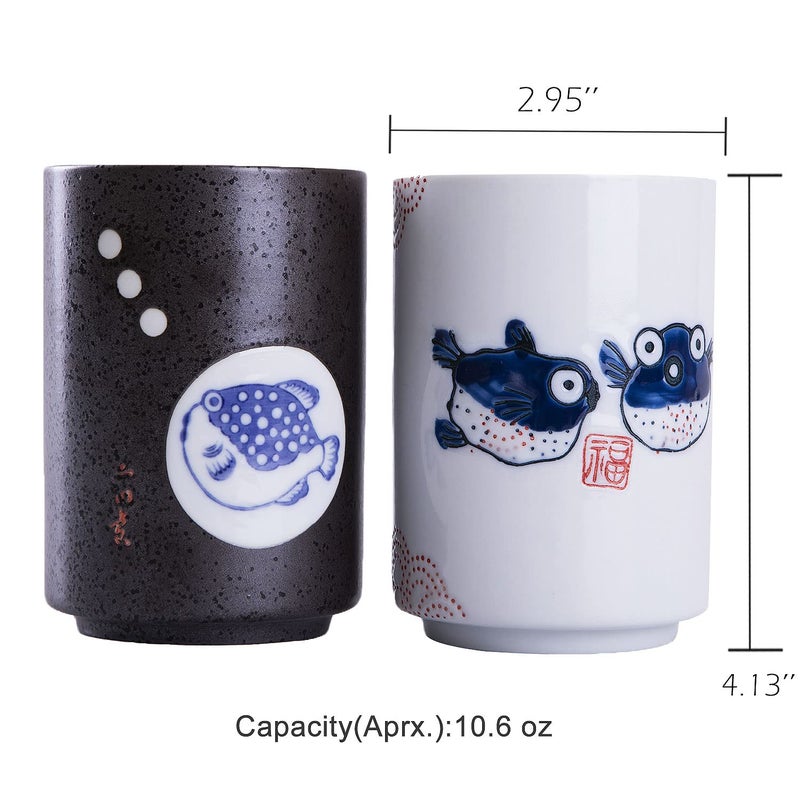 WHJY 10oz Transitional Chinese/Japanese style Handle-less Ceramic Tea cups teacup, Puffer Pattern Set of 2 - Image 2