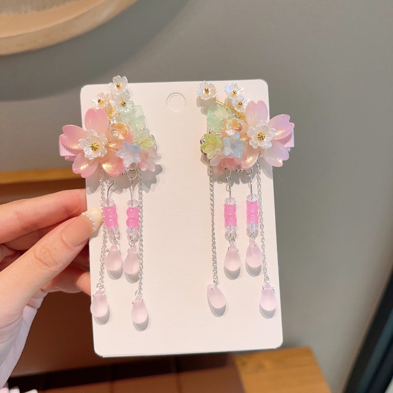 Generic New Antique Childrens Hairpin Hanfu Ancient Clothes Hair Accessories Cute Girls Tassel Flower Hairpin Little Girls Super Fairy Clip 05# bright pink flower tassel clip