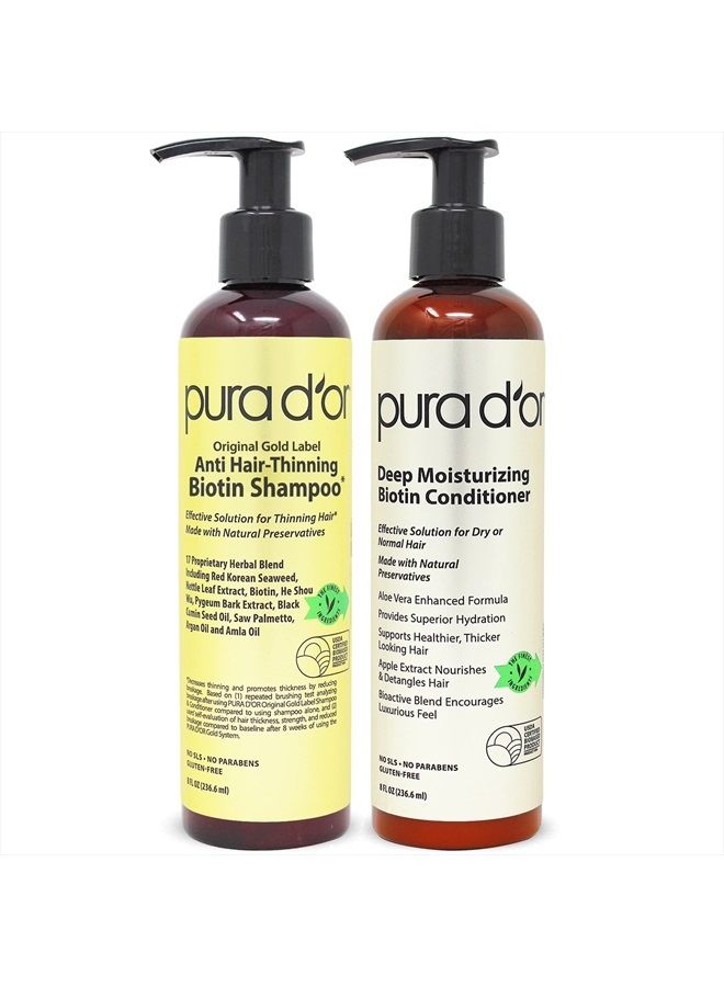 Pura d'or Anti-Thinning Biotin Shampoo and Conditioner Natural Earthy Scent,CLINICALLY TESTED Proven Results,DHT Blocker Thickening Products For Women & Men,Original Gold Label Hair Care Set 8oz x2 - Image 1