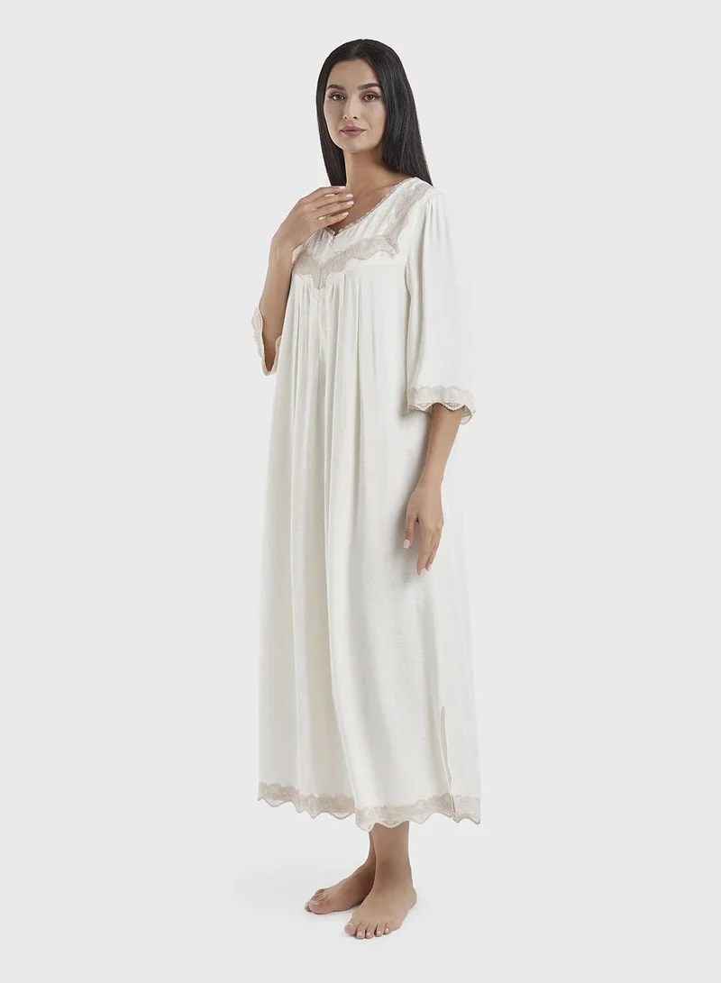 Kashkha  Gardenia Cream Jacquard Viscose Nightwear Dress (CNH461) for Women | Best Price UAE