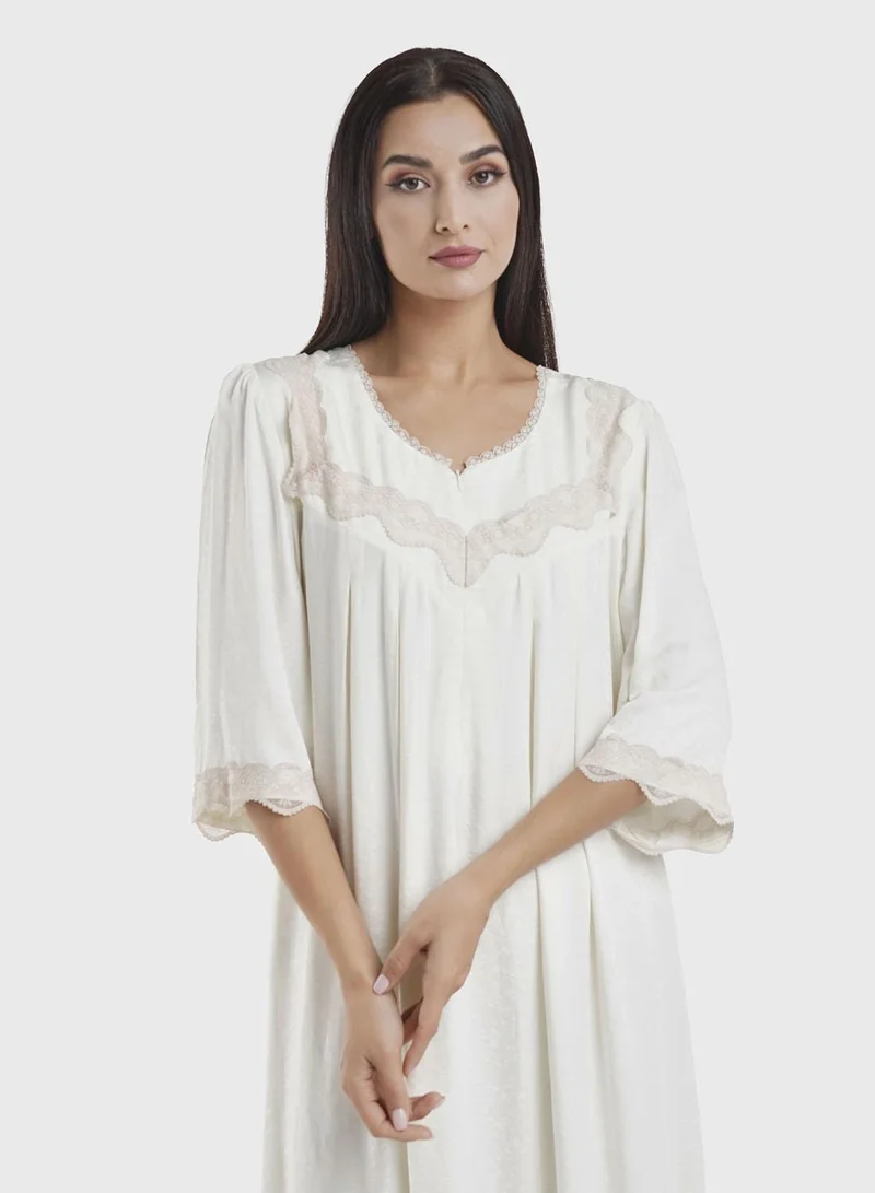 Kashkha Gardenia Cream Jacquard Viscose Nightwear Dress (CNH461)