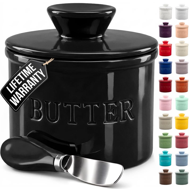 Zulay Kitchen Bell Shaped Butter Crock with Lid for Countertop with Water Line Spreader Knife Ceramic French Butter Dish Keeper For Fresh Soft Spreadable Butter Black - Image 2