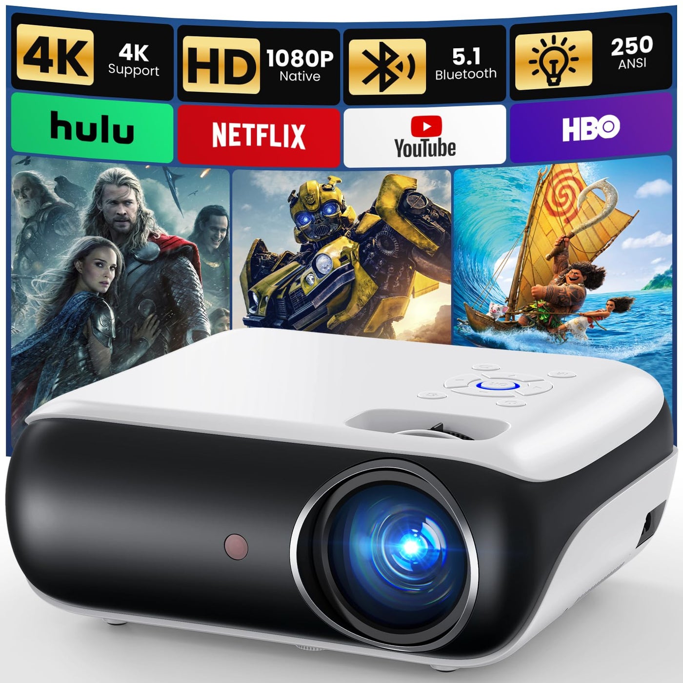 HAPPRUN Native 1080P Bluetooth Mini Projector, Full HD Portable Outdoor Movie Projector with Built-in Speaker, Compatible with Smartphone, HDMI, USB, AV, Fire Stick, PS5 for Home, Bedroom, Outdoor Use