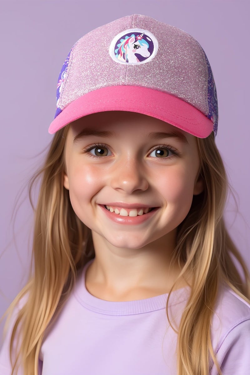 Milk & Moo Kids Cap for Ages 7-10, Cap for Girls, Unicorn Themed Head Cap, Glittery Pink and Purple Cap, Adjustable Velcro Strap, Breathable Material, Sun Protection Design – Made in Turkey  - Image 1