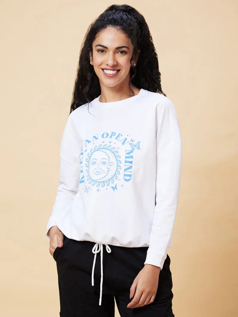 globus Globus Women White Typography Printed Pure Cotton Pullover