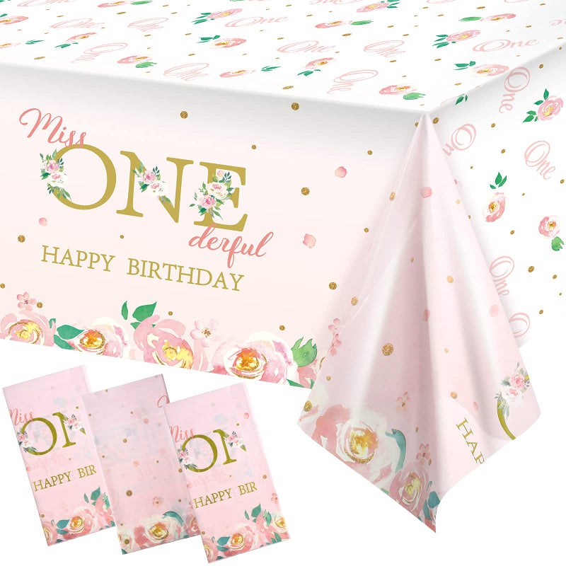 Tatuo 3 Pieces 1st Birthday Party Tablecloth Flower One First Birthday Table Cover Disposable Floral Miss Onederful Plastic Tablecloth for Kids Baby Shower Party Decoration Supplies, 54 x 108 Inch - Image 1