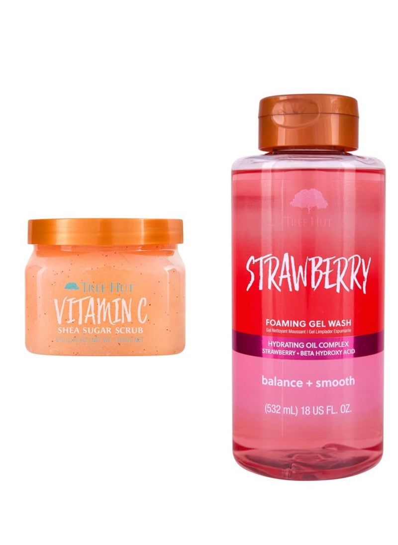 Tree Hut Tree Hut Vitamin C Shea Sugar Scrub, 18 oz & Strawberry Foaming Gel Wash, 18 oz - Hydrating Body Scrub & Cleanser  - Image 1