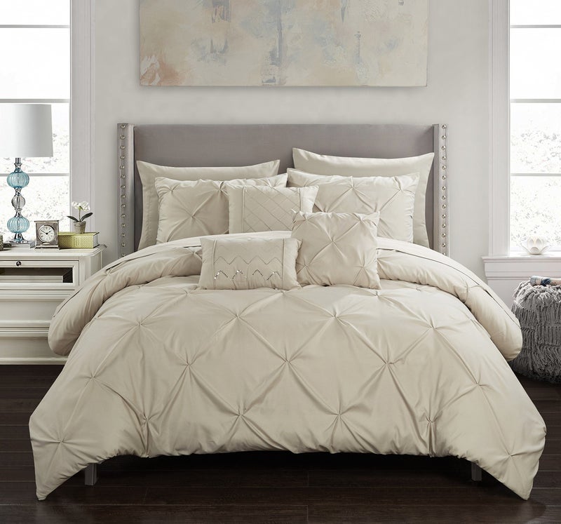 Chic Home Chic Home Hannah 10 Piece Comforter Set Complete Bed in A Bag Pinch Pleated Ruffled Pintuck Bedding with Sheet Set and Decorative Pillows Shams Included King Taupe 