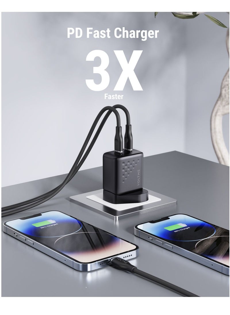 VOLTME - 35W GaN3 USB-C Fast Charger, Dual PD Ports Wall Adapter, Power Delivery for iPhone 16 Pro Max/16 Pro/16 Plus/15/14/13/12/11, MacBook Air, AirPods, Galaxy S24/S23/S22, Pixel 4/3, iPad/iPad Mini & More, Compact & Efficient Charging Solution for Phones, Tablets, Laptops & Accessories (Black) - Image 1