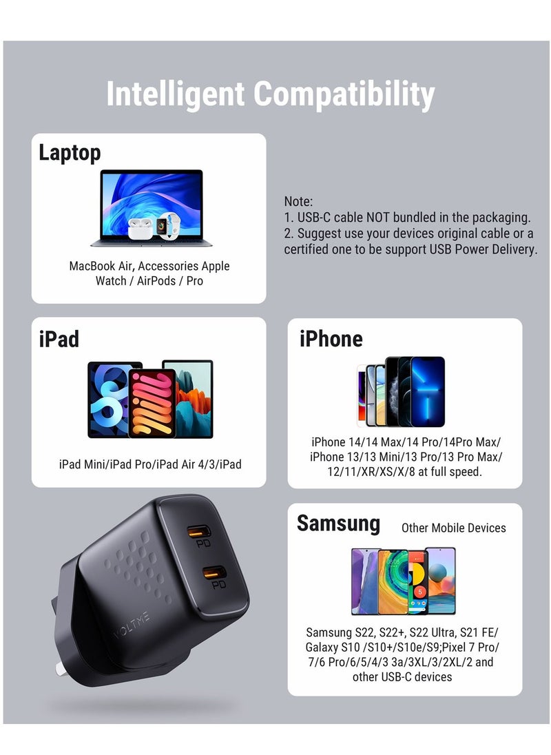 VOLTME - 35W GaN3 USB-C Fast Charger, Dual PD Ports Wall Adapter, Power Delivery for iPhone 16 Pro Max/16 Pro/16 Plus/15/14/13/12/11, MacBook Air, AirPods, Galaxy S24/S23/S22, Pixel 4/3, iPad/iPad Mini & More, Compact & Efficient Charging Solution for Phones, Tablets, Laptops & Accessories (Black) - Image 1