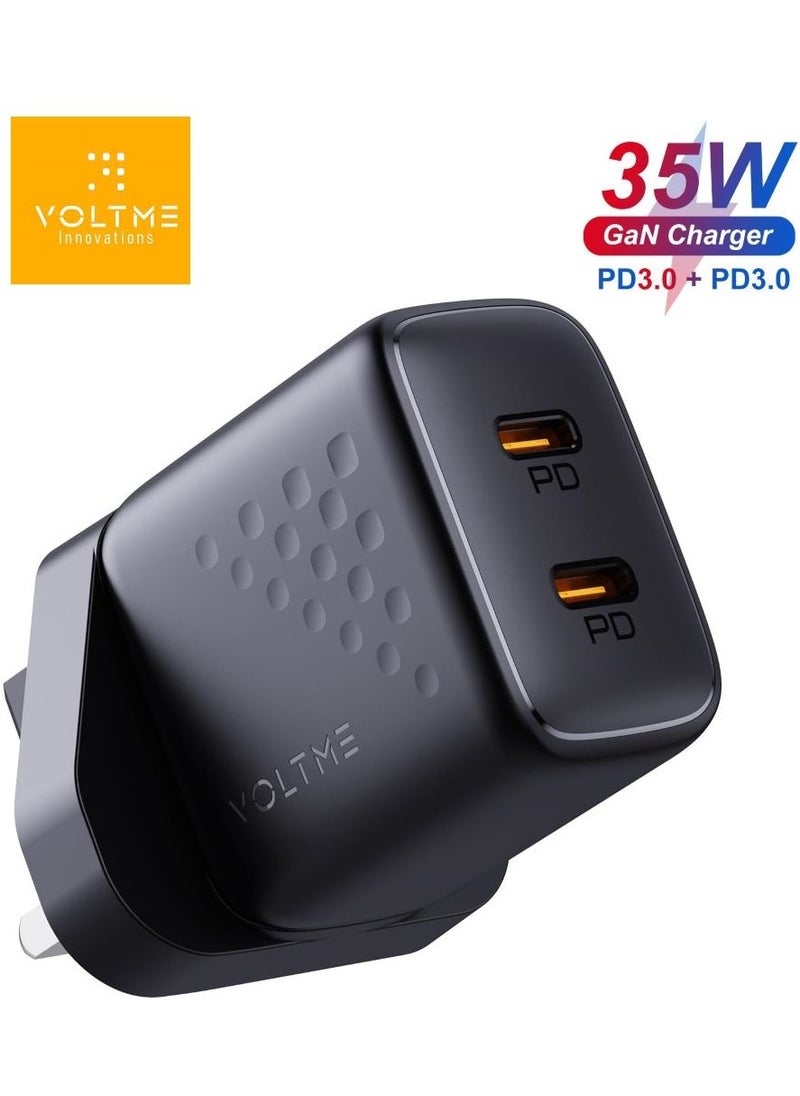 VOLTME - 35W GaN3 USB-C Fast Charger, Dual PD Ports Wall Adapter, Power Delivery for iPhone 16 Pro Max/16 Pro/16 Plus/15/14/13/12/11, MacBook Air, AirPods, Galaxy S24/S23/S22, Pixel 4/3, iPad/iPad Mini & More, Compact & Efficient Charging Solution for Phones, Tablets, Laptops & Accessories (Black) - Image 1
