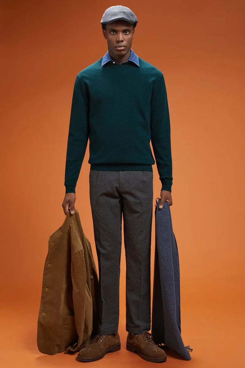 دوبل غانغر Men's regular fit crew neck jumper in 100% cashmere - DK Green