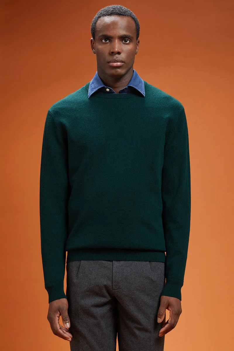 دوبل غانغر Men's regular fit crew neck jumper in 100% cashmere - DK Green