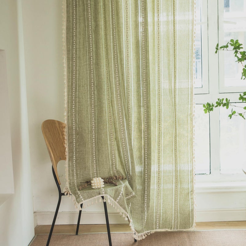 Deeprove Green Boho Curtain 84 Inches Long for Bedroom Dining Room Kitchen Closet, Bohemian Chic Textured Embroidery, Vintage Handmade Tassels Christmas Decor Drape, Rod Pocket, 1 Panel W52 x L84 - Image 4