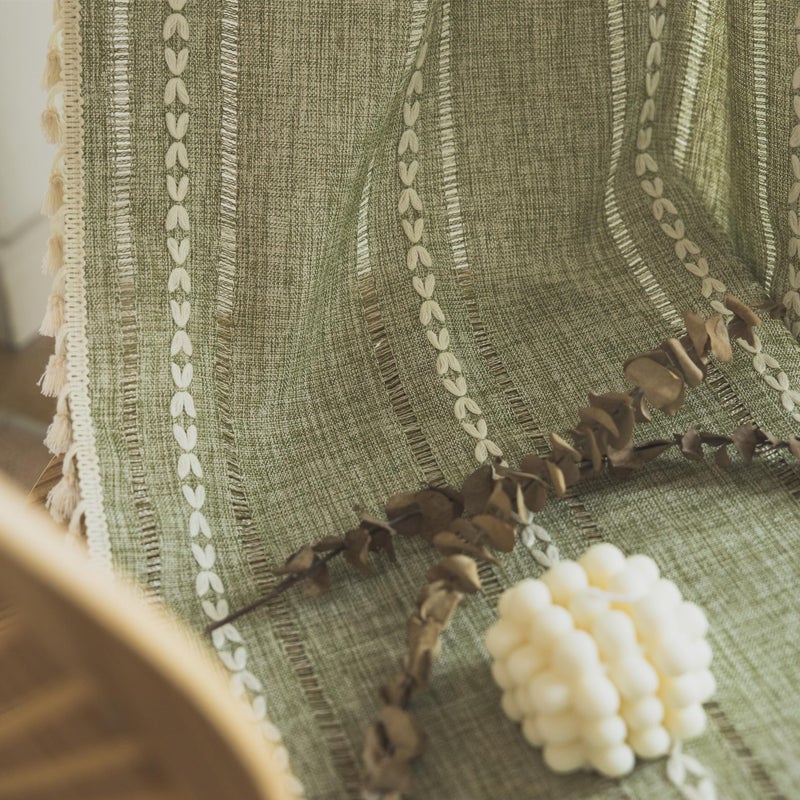 Deeprove Green Boho Curtain 84 Inches Long for Bedroom Dining Room Kitchen Closet, Bohemian Chic Textured Embroidery, Vintage Handmade Tassels Christmas Decor Drape, Rod Pocket, 1 Panel W52 x L84 - Image 3