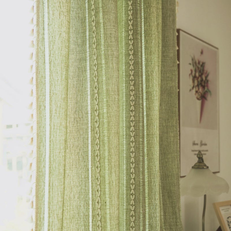 Deeprove Green Boho Curtain 84 Inches Long for Bedroom Dining Room Kitchen Closet, Bohemian Chic Textured Embroidery, Vintage Handmade Tassels Christmas Decor Drape, Rod Pocket, 1 Panel W52 x L84 - Image 5