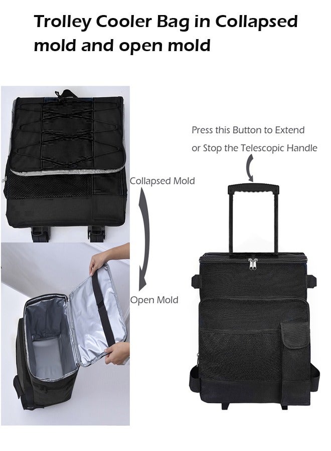 Foldable Grocery Shopping Trolley, Cooler Food Bag, Portable Hand Boot Cart Trunk, Rolling Insulated Thermal, Wheels Roller for Outdoor BBQ Beach, Camping Picnics, 43L Capacity, Black  - Image 3