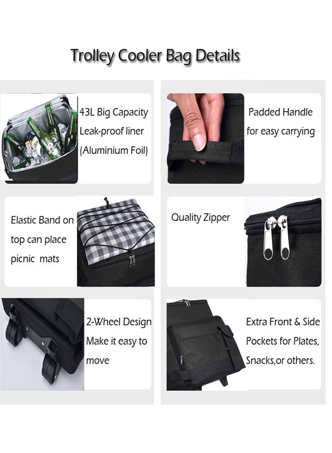 Foldable Grocery Shopping Trolley, Cooler Food Bag, Portable Hand Boot Cart Trunk, Rolling Insulated Thermal, Wheels Roller for Outdoor BBQ Beach, Camping Picnics, 43L Capacity, Black  - Image 4