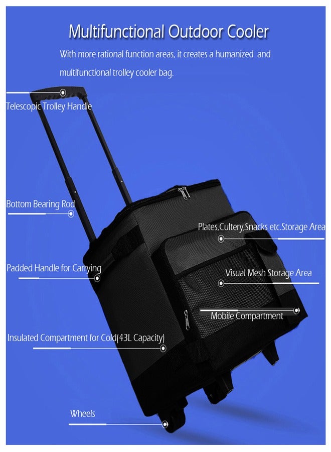 Foldable Grocery Shopping Trolley, Cooler Food Bag, Portable Hand Boot Cart Trunk, Rolling Insulated Thermal, Wheels Roller for Outdoor BBQ Beach, Camping Picnics, 43L Capacity, Black  - Image 5