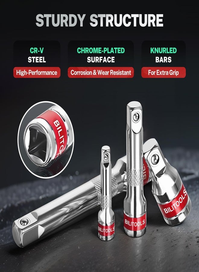 BILITOOLS 9 Piece Swing Extension Set, 1/4 3/8 1/2 Inch Ratchet Extension Set, Chrome Vanadium Steel (Square End). - Image 4