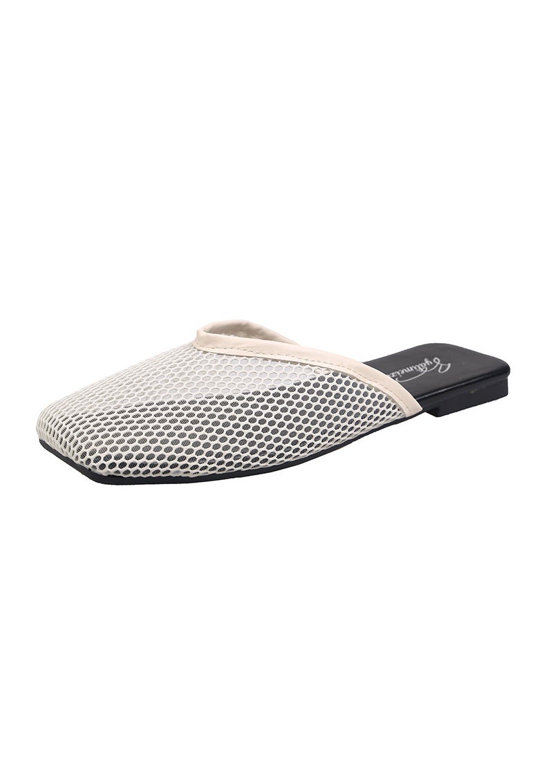 Generic - Casual Comfortable Womens Mesh Sandals Flat Bottom One-row Net Yarn Head 2024 Summer New Product Outer Wear Slippers Wholesale beige white - Image 1