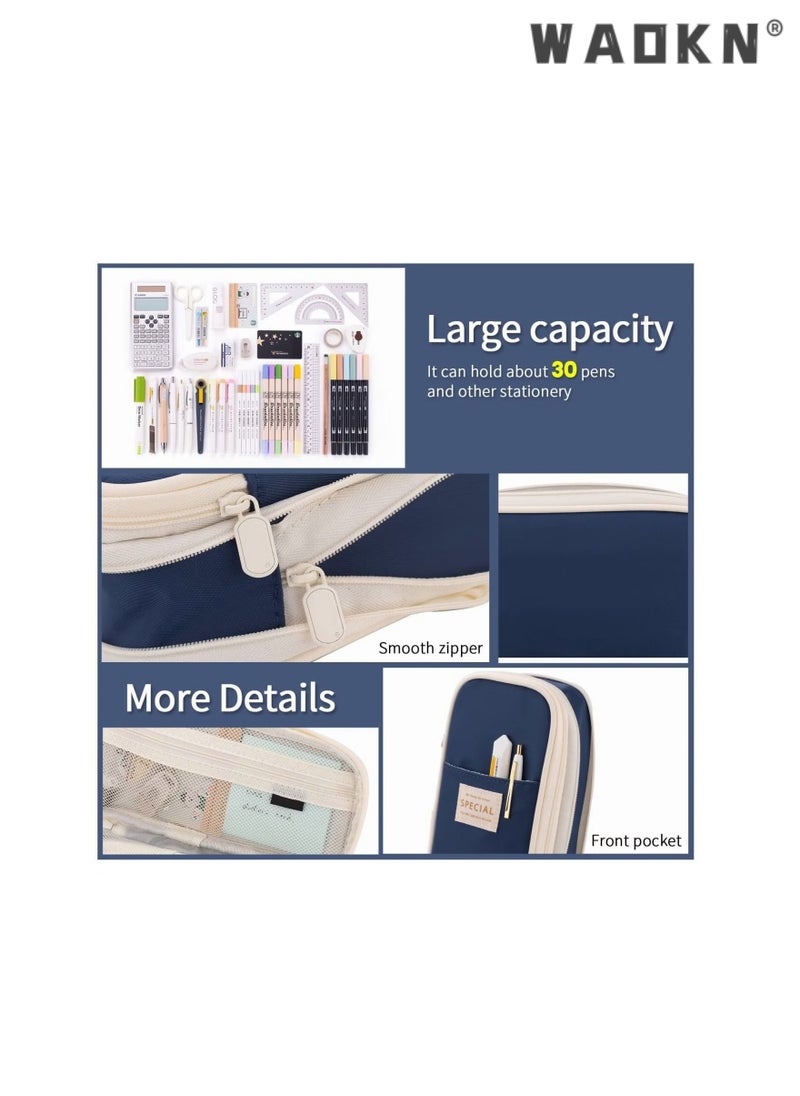 WAOKN - Multi Functional Small Fresh and Minimalist Stationery Bag Large Capacity Pencil Case Cosmetic Bag Large Capacity Storage Bag With Zipper Suitable For School Office(Blue) - Image 1