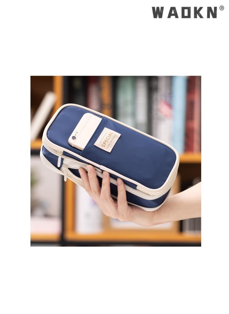 WAOKN - Multi Functional Small Fresh and Minimalist Stationery Bag Large Capacity Pencil Case Cosmetic Bag Large Capacity Storage Bag With Zipper Suitable For School Office(Blue) - Image 1