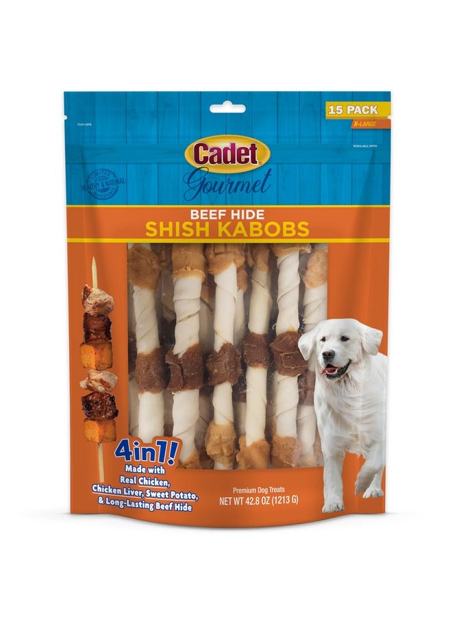 Cadet Cadet Gourmet X-Large Triple-Flavored Beef Hide Shish Kabob Dog Treats - Healthy & Natural Chicken, Liver, and Sweet Potato Dog Treats for Dogs Over 30 Lbs., 10 in. (15 Count)  - Image 1