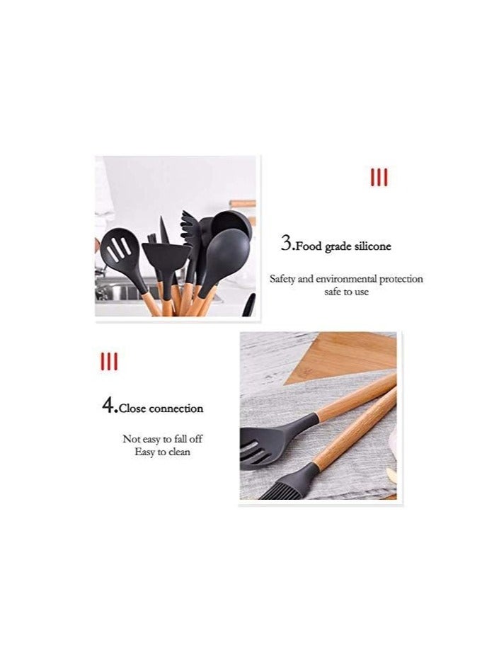 Loyal Star 12PCS Kitchen Utensil Set Silicone Cooking Utensils Kit Spatula Heat Resistant Wooden Spoons Gadgets Tool for Non-Stick Cookware(BLACK) - Image 2