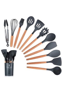 Loyal Star 12PCS Kitchen Utensil Set Silicone Cooking Utensils Kit Spatula Heat Resistant Wooden Spoons Gadgets Tool for Non-Stick Cookware(BLACK)  - Image 1
