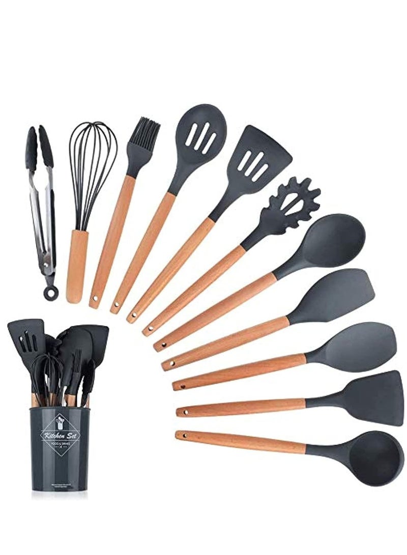 Loyal Star 12PCS Kitchen Utensil Set Silicone Cooking Utensils Kit Spatula Heat Resistant Wooden Spoons Gadgets Tool for Non-Stick Cookware(BLACK) - Image 1