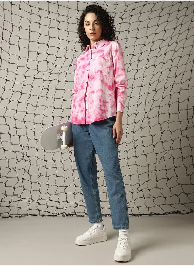 Hubberholme Women Shirts in Pink featuring Oversized fit with a washed pattern, spread collar collar, collar neckline, full sleeves, secured with button closure, crafted from cotton – an essential addition to your stylish collection.