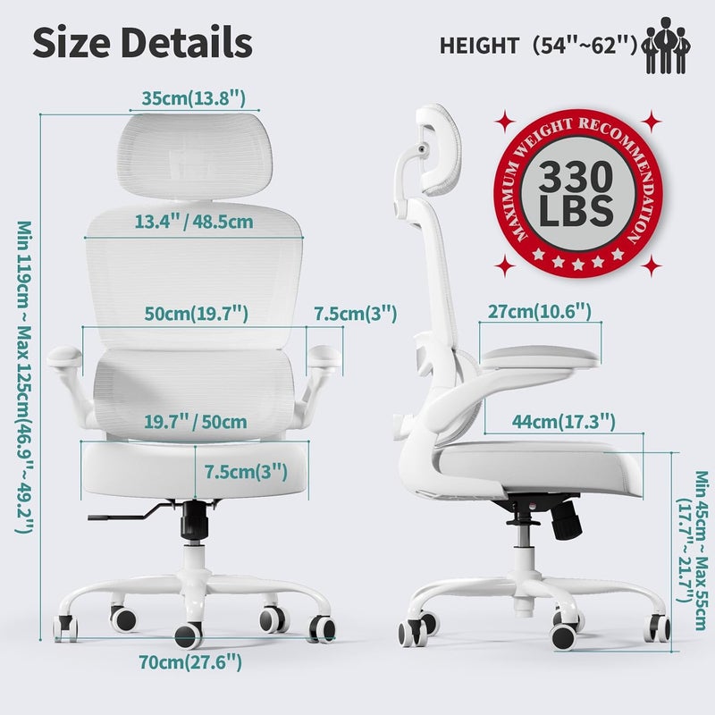 TRALT Office Chair Ergonomic Desk Chair, 330 LBS Home Mesh Office Desk Chairs with Wheels, Comfortable Gaming Chair, High Back Office Chair for Long Hours (Black) (White) - Image 2